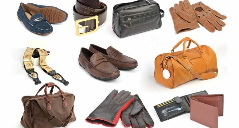 Product photographs of shoes, bags, wallets and gloves shown on a white background